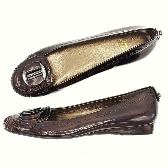 Stuart Weitzman Burgundy Patent Ballet Flats | Silver Buckle | Fall Office Chic - Picture 1 of 14
